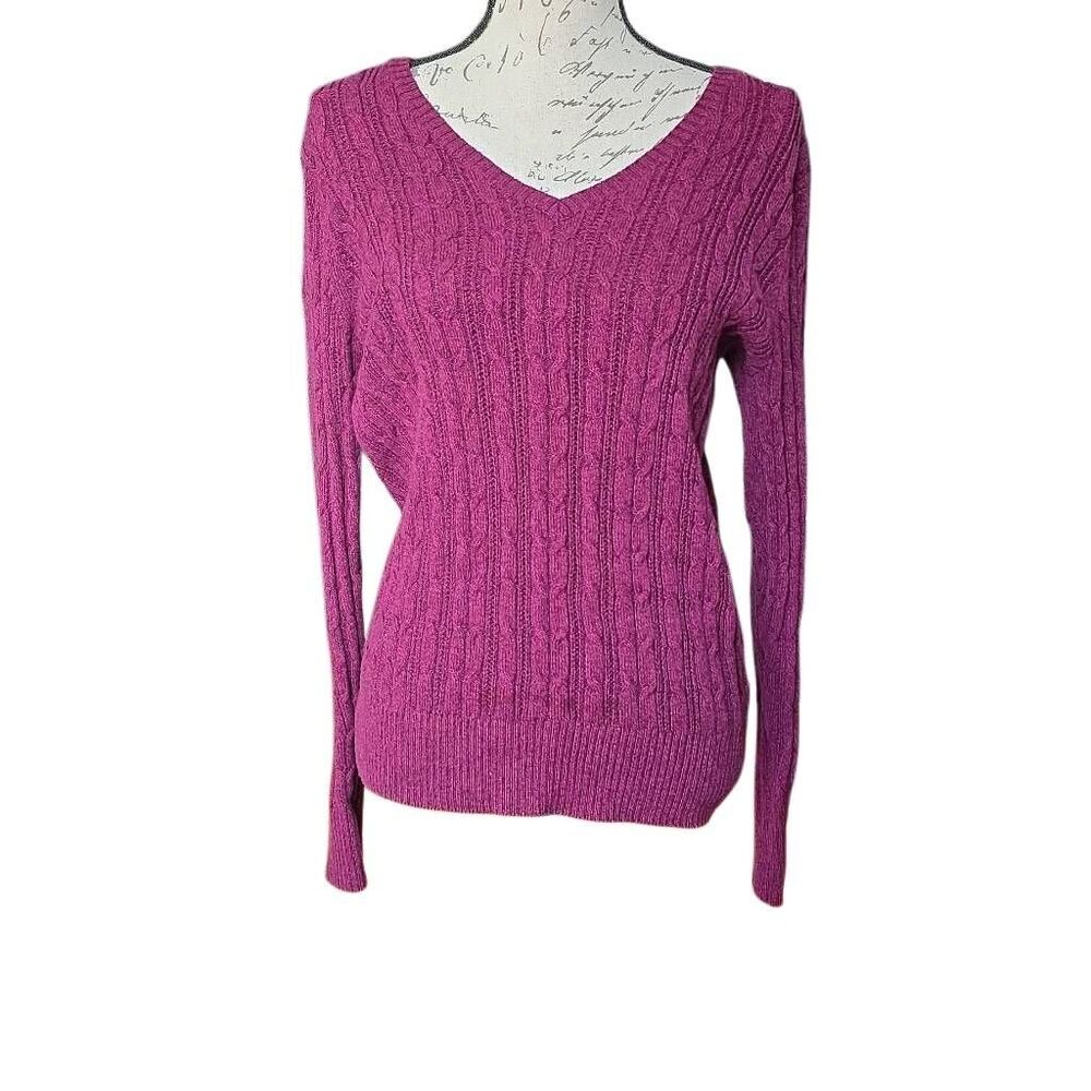 St John's Bay Women's Size Large Burgundy Cable Knit V-Neck Sweater